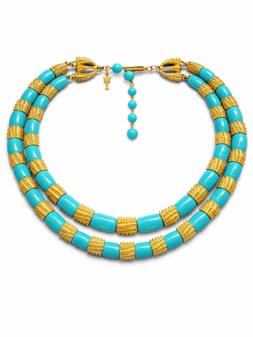 Crown Trifari 1950s Turquoise Gold Barrel Bead Necklace